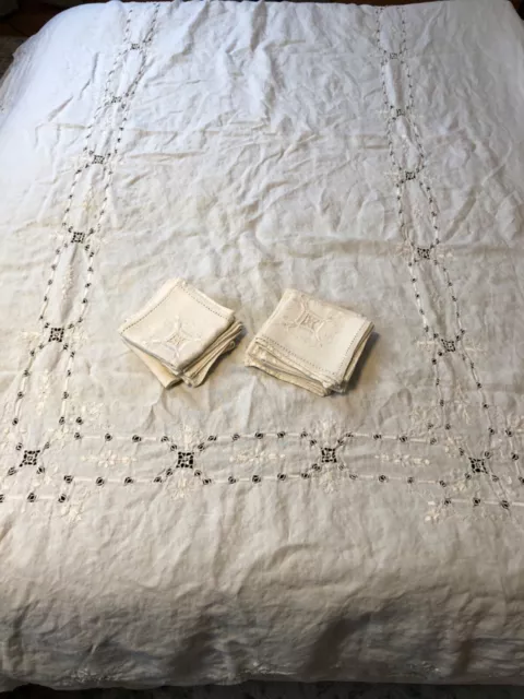 Vintage 100”x66” Tablecloth & 8 Napkins Set Cutwork Linen Embroidered 9 Pc
