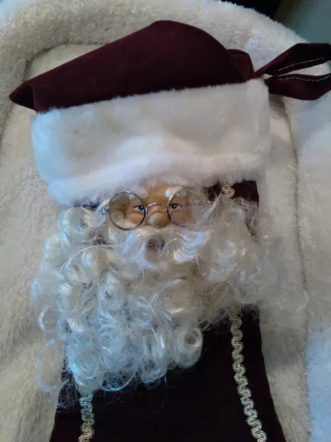 Vintage Burgundy Velvet Handmade Christmas Stocking With 3D Santa Head OOAK 14"