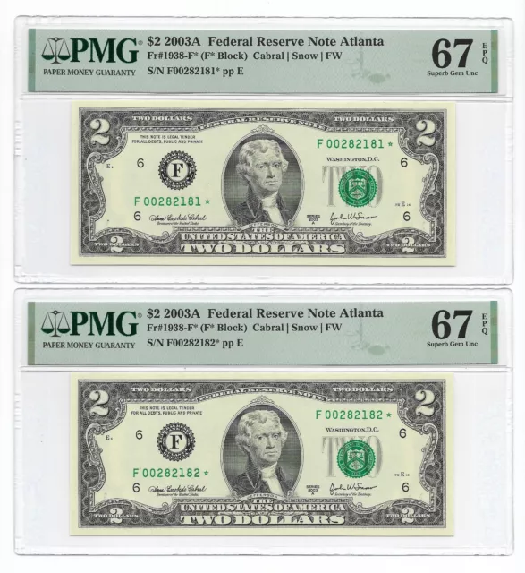 2003A $2 ATLANTA *STAR* ⭐️ FRNs 2 Consecutive PMG Superb Gem Uncirculated 67 EPQ