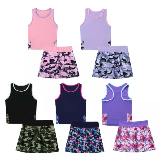 Girls 2Pcs Tennis Suit Racer Back T-shirt Top and Tennis Skirt with Shorts Suits