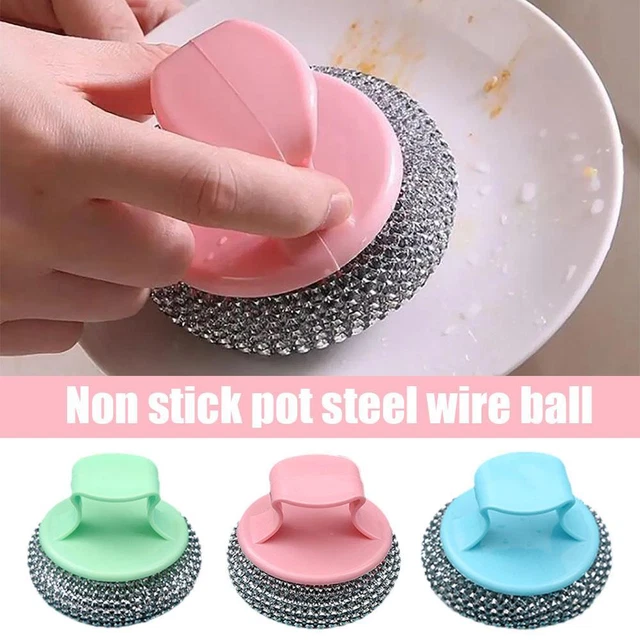 STAINLESS STEEL SPONGE with Handle Cleaning Ball Brush Wire Tableware