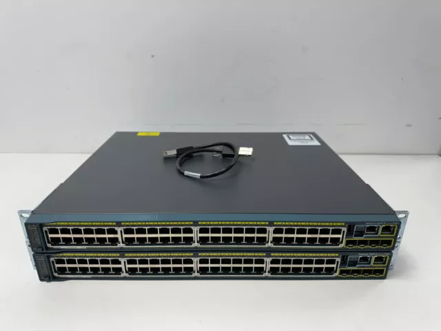 2 x CISCO WS-C2960S-48FPS-L + C2960S-STACK + CAB-STK-E-0.5M. 90 DAY WARRANTY.