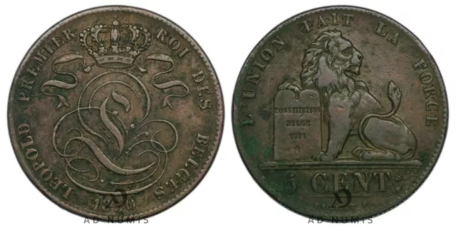 Belgique 5 centimes 1850 Léopold Premier Lion Monogramme TTB Cuivre monnaie