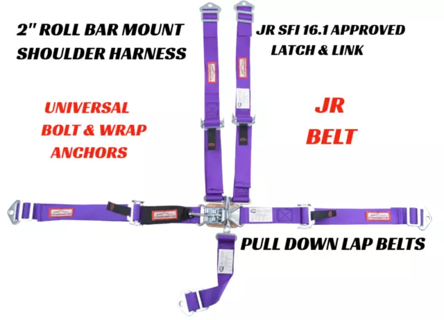 Jr Dragster Race 2" Harness 5 Point Universal Roll Bar Mount Latch & Link Purple