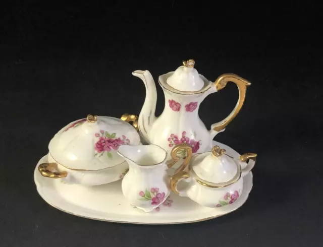 Vintage Enesco 8 pc Miniature Tea Set Fine Bone China Purple Flowers Japan