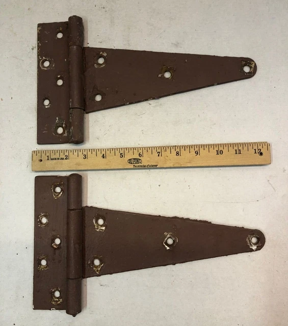 2 Vintage Large Heavy 12'' Farm Barn Door Gate Strap Hinges Great Old Patina