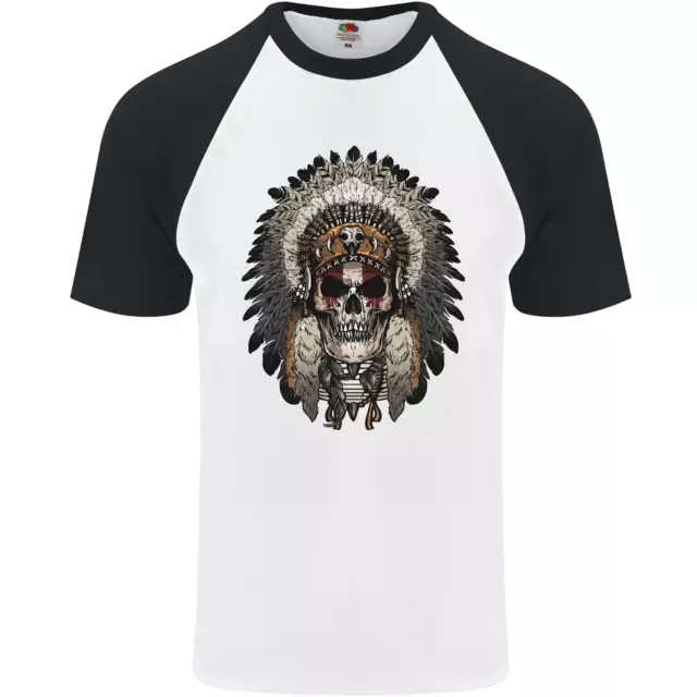 Native American Indian Skull Headdress Mens S/S Baseball T-Shirt