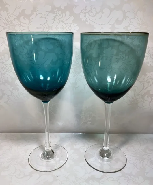 Set Of 2 Vintage Hand Blown Peacock Teal Wine Glass Goblets W/ Clear Stem 9 Inch