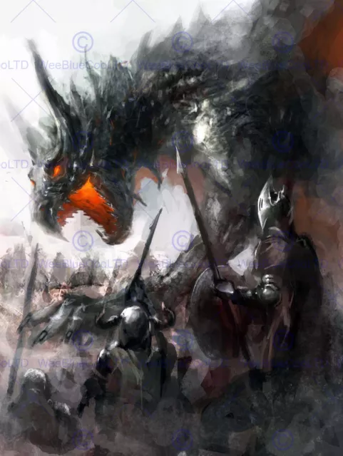 Painting Illustration Fantasy Dragon Battle Medieval Warrior Art Print Mp5367B