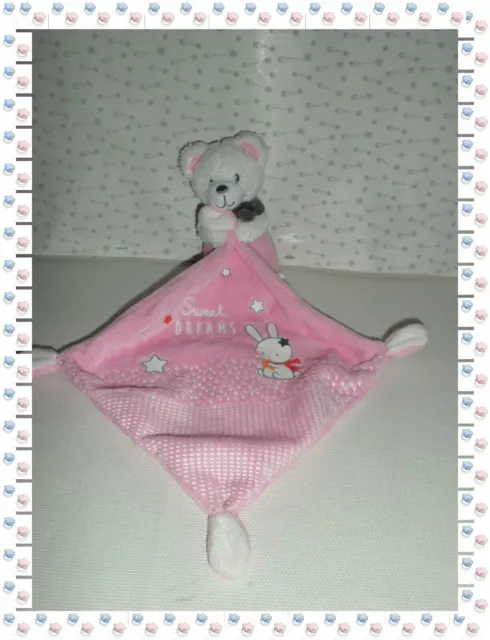 ◈ - Doudou Semi Plat  Ours Blanc Rose Mouchoir Luminescent Lapin Mots d'Enfants