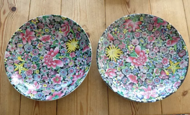 Pair of large vintage hand-painted Chinese porcelain millefleur chargers