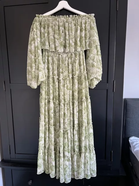 MISA Los Angeles Stunning Floaty Summer Dress Size M Sage Green Floral Tiered