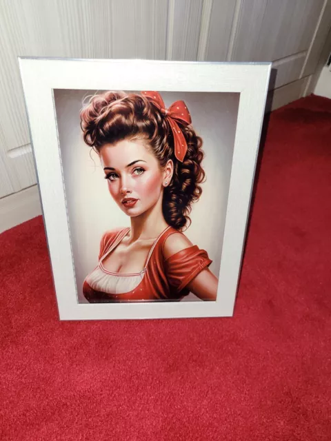 Stunning Gloss Metal Retro Pin Up Girl Picture In Beautiful Frame 26Cm X 35Cm