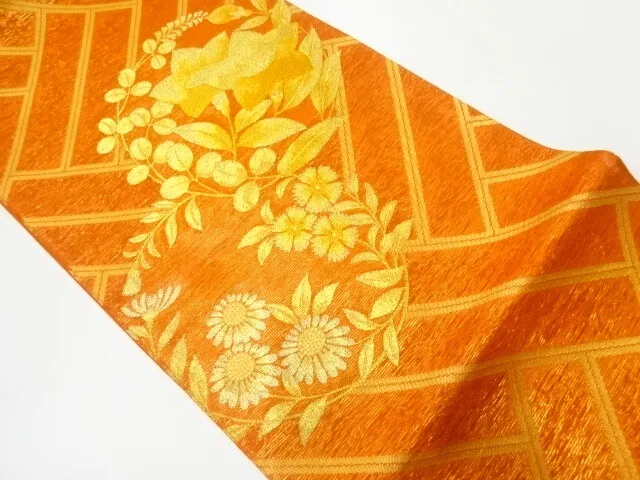 6893910: Japanese Kimono / Vintage Fukuro Obi For Summer / Woven Flower Roundel