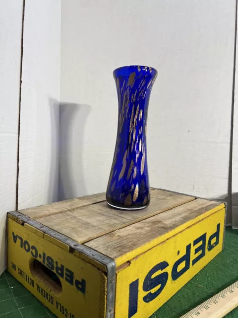 art glass vase Cobalt Blue With Metallic Gold Flecks Blown Glass Vase 12"