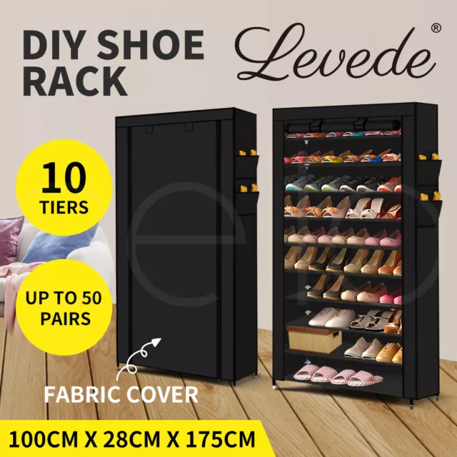 Levede 10 Tier Shoe Rack Portable Storage Cabinet Organiser Wardrobe Black Cover