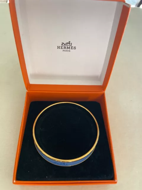 Hermes Paris Bangle Cloisonne Enamel Bracelet Blue Gold Border Accessory w/Box