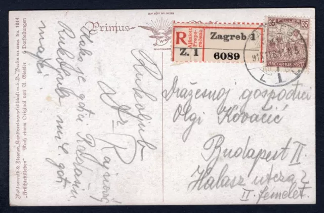 CROATIA Zagreb 1918 Registered Postcard to Hungary