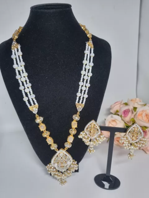 Indian Pakistani  pearl and gold  Mala Set With white Stones