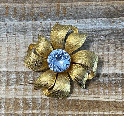 Vintage Mid-Century Dodds Gold Tone Blue Stone Flower Floral Brooch Pin