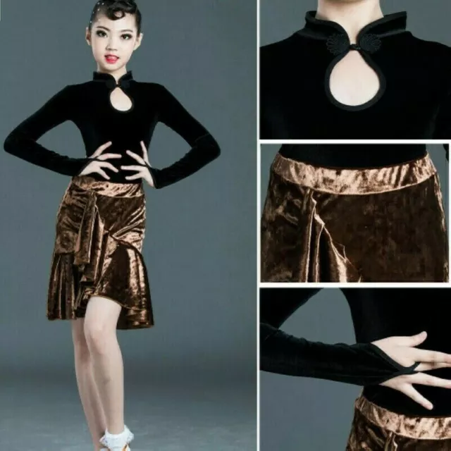Ragazza Latino Danza Abito Bambini Velluto Manica Lunga Tango Salsa Costume