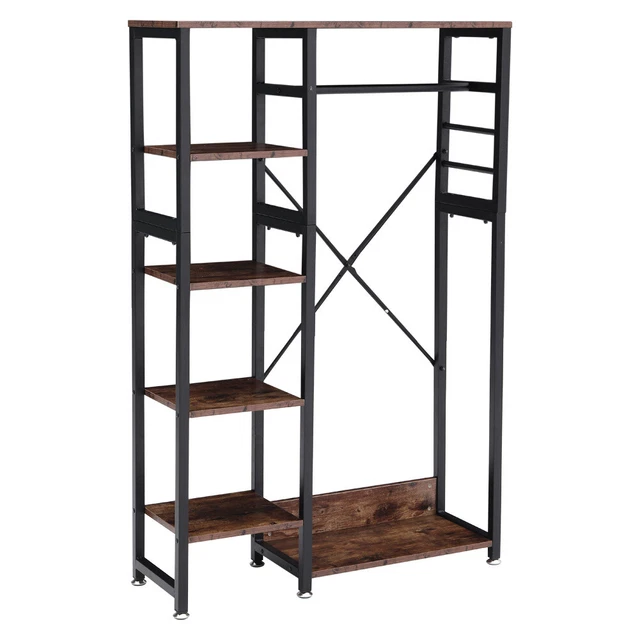 INDUSTRIAL OPEN WARDROBE Clothes Rail Rack Bedroom Rustic Wood Metal Frame Shelf £79.95 ...