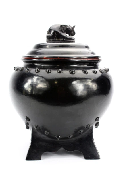 Burmese lacquerware - Traditional Black Elephant Lidded Bowl, 32cm high. Burma