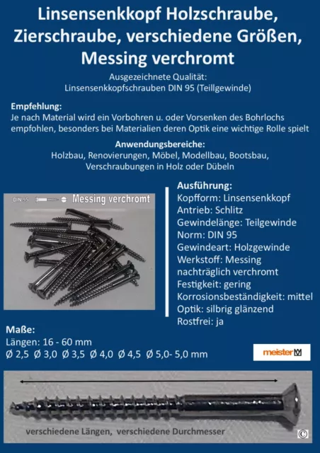 Linsensenkkopf Holzschrauben, Zierschraube m. Schlitz, DIN 95, Messing verchromt 2