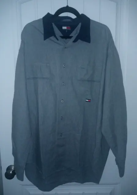 Tommy Hilfiger Shirt Mens Size XXL Gray Flannel Button Down L/S Navy Arm Stripes
