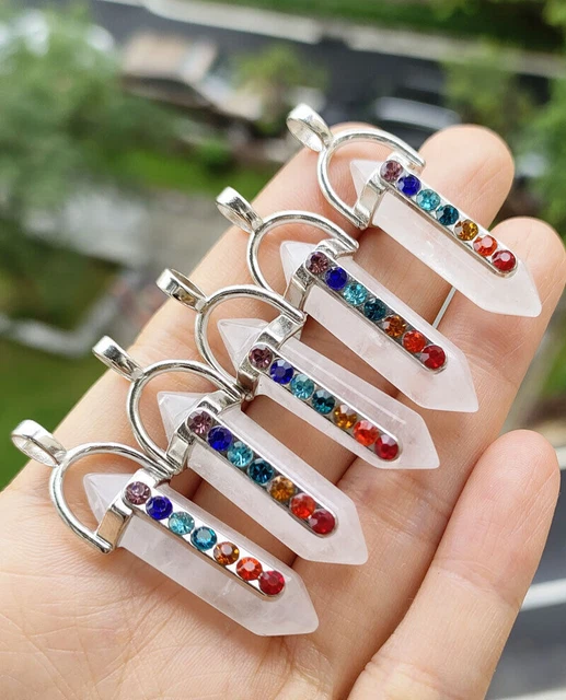 5pcs Rock Quartz Gems Hexagon 7 Chakra Pendants Reiki Healing Amulet