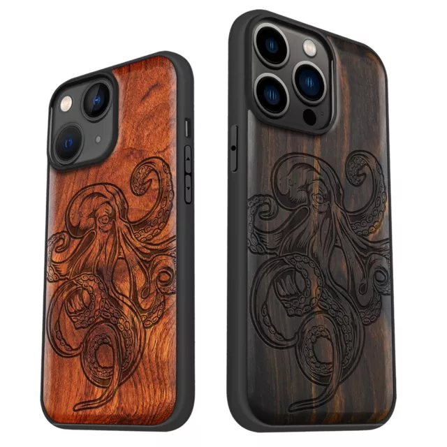 Magnetic Wooden Cases for iPhone 12 13 14 15 Pro Max Plus MagSafe Cover Octopus