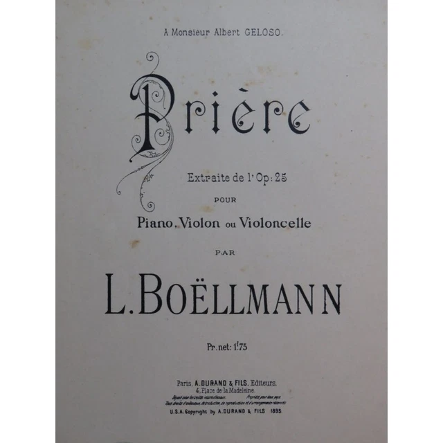 BOËLLMANN Léon Prière Piano Violon ou Violoncelle 1895