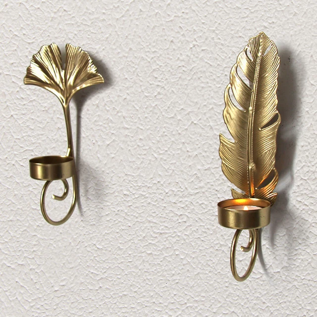 Golden Leaf Feather Candlestick Holder Wall Mounted Iron Hanging Candle Stands
