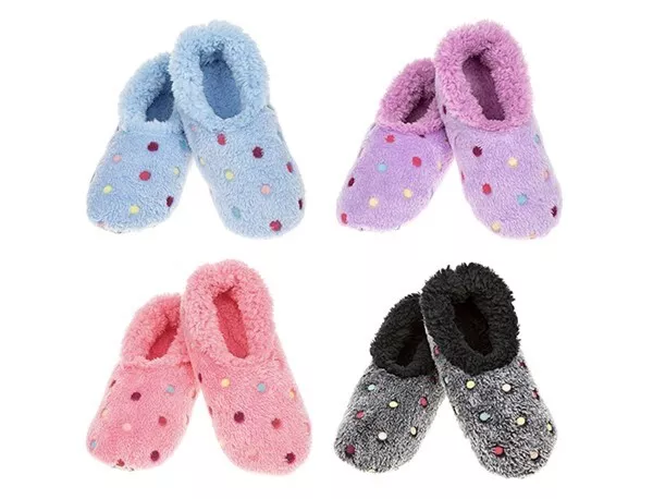 Snoozies Slippers Socks Lots A Dots Sherpa Fleece Ladies girls comfy Soft nana