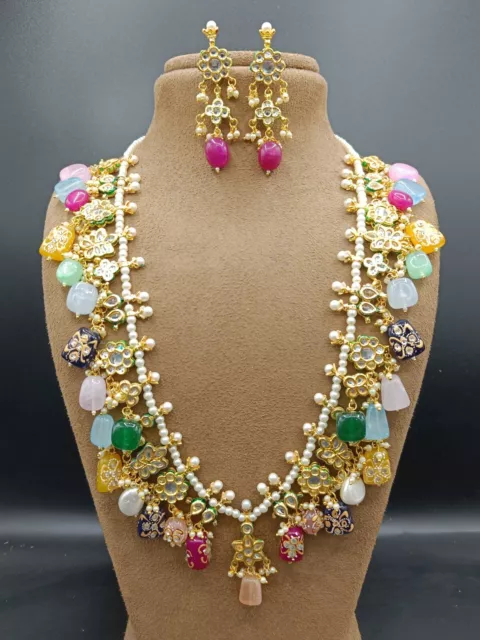 Indian Bollywood Long Pearl Haar Crystal Gold Plated Bridal Jewelry Necklace Set