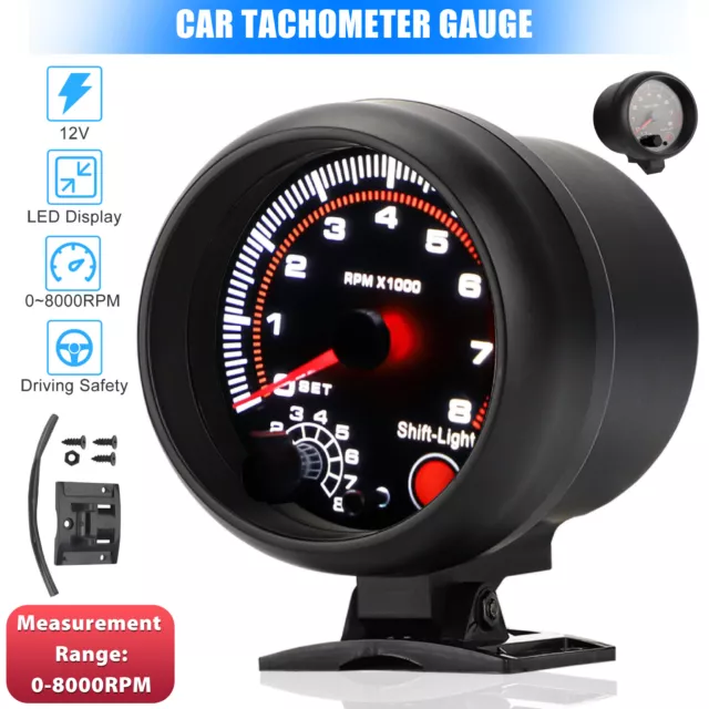 3.75" Universal Car Tachometer Gauge Meter with LED Shift Light 0-8000 RPM 12V