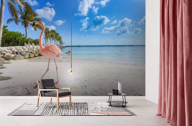 3D Flamingo Strand Meer Baum Tapete Wandgemälde Fototapete Wandaufkleber 45