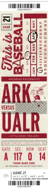 Arkansas Razorbacks Baseball Ticket Stub UALR Little Rock 4/2/2019 Baum Stadium