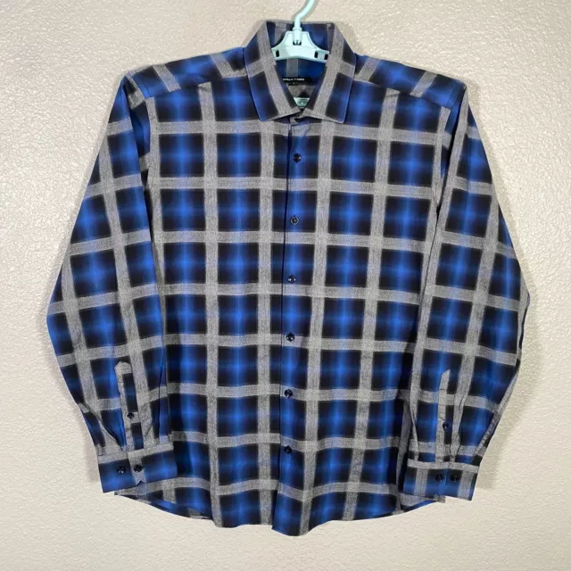 Jared Lang Shirt Mens Large Blue Gray Button Up Long Sleeve Casual Plaid Cotton