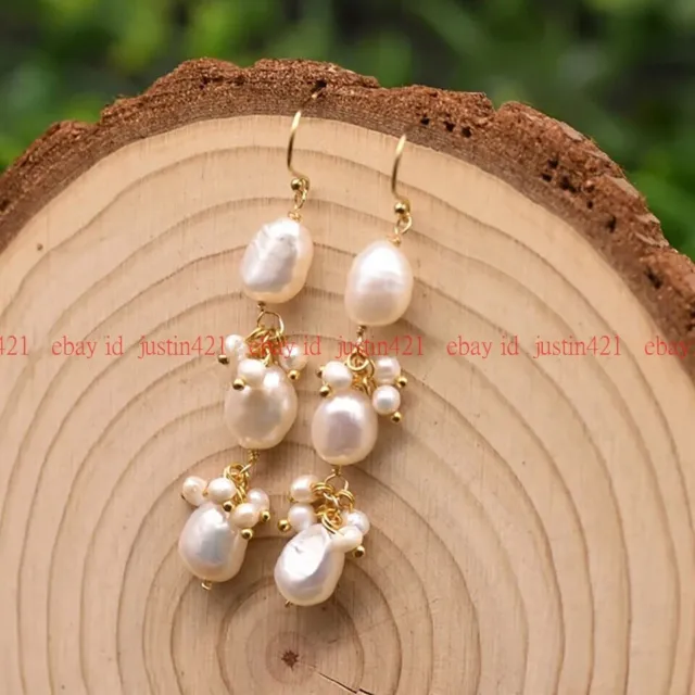 Natural White Freshwater Cultured Baroque Pearl Beads Dangle Gold Hook Earrings