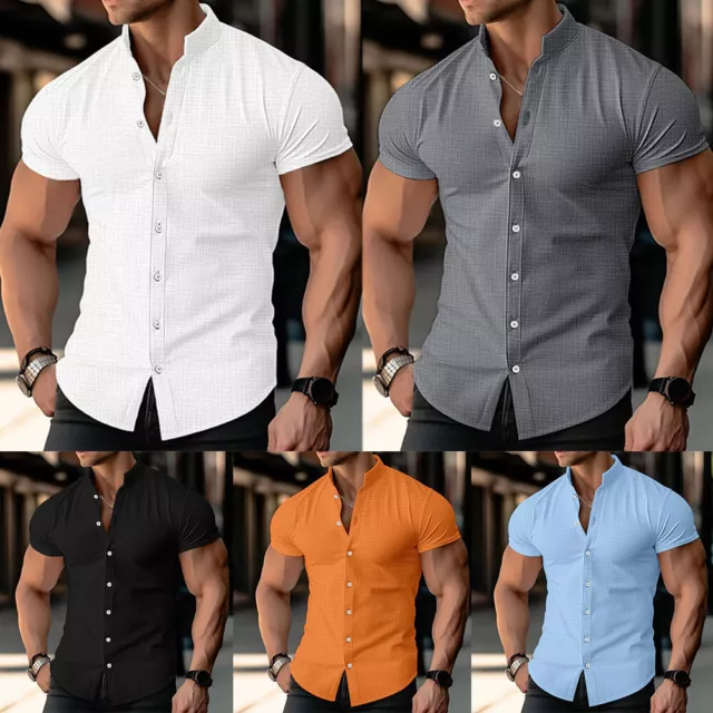 Hommes Solide Col Montant Chemise À Manches Courtes Été Mince Mode Bouton #