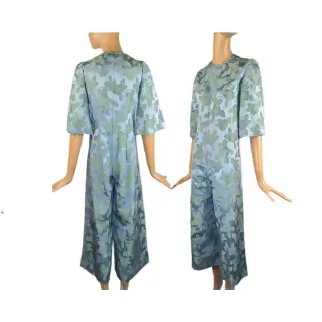 1960s teal satin Jacquard jumpsuit vintage flared sleeve one-piece palazzo