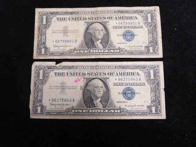 (2) 1957-B Rare $1 Circulated Silver Certificate Blue Seal *Star Note* *