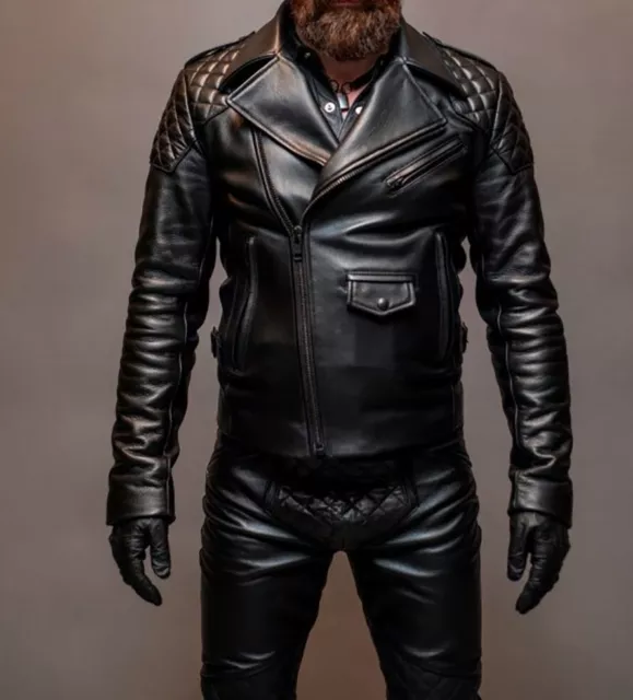 Men's Real Leather Bikers Jacket With Quilted Panels BLUF Leather Jacket