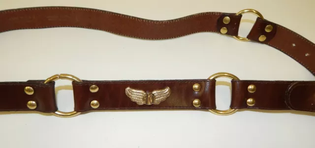 Vtg Anne Klein Oroton Brown Leather Slouch Hip Belt Gold Rings Wings Large L USA