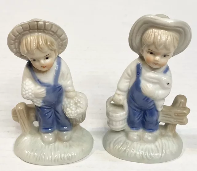 Vintage Porcelain Set Farm Boy/Girl Figurines Country Decor Fruits & Bunny 3.5”