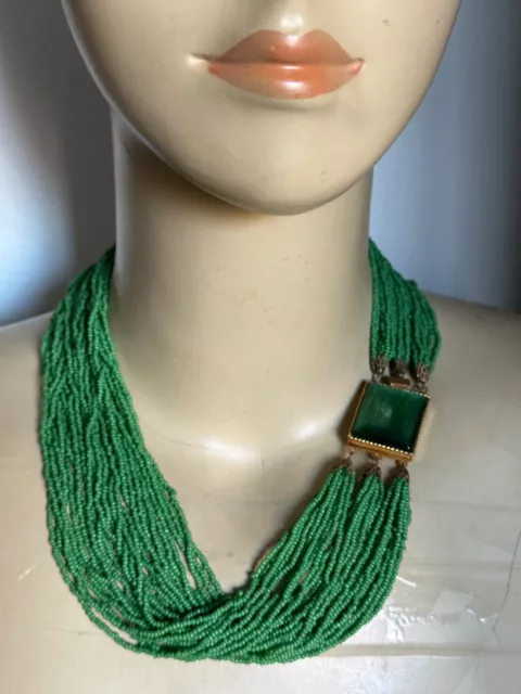 Vintage French Creator Necklace - Green glass beads w beautiful closure 18.5"