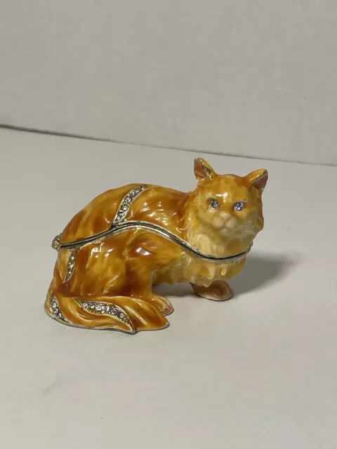 VINTAGE Enamel Hinged Orange Kitty Cat Folding Trinket Box Figurine Jeweled