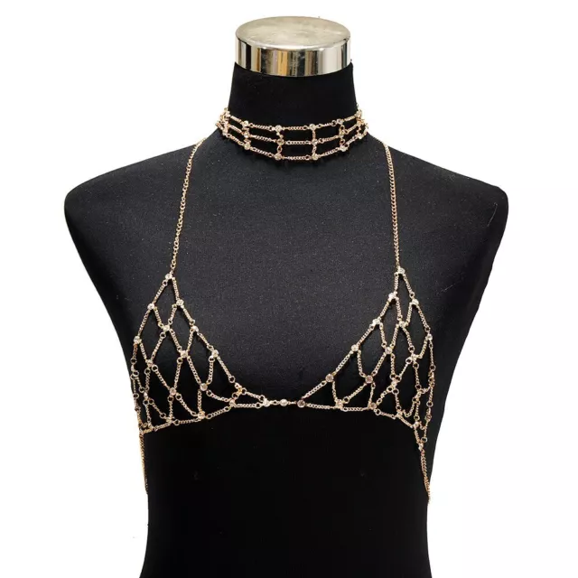 Sexy Gold Woven Party Beach Bikini Bra Body Chains Necklace Choker Set Jewellery