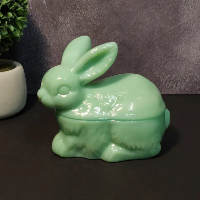 JADEITE DEPRESSION STYLE GLASS BUNNY RABBIT CANDY DISH, Vintage Bowl, Cookie Jar